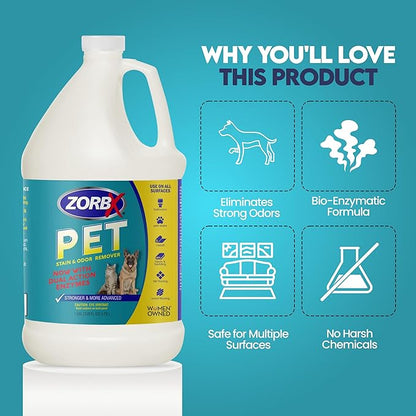 ZORBX Pet Stain and Odor Remover 128 FL Oz - Dual Action Pet Odor Solution for Carpet, Furniture, Dog & Cat Urine