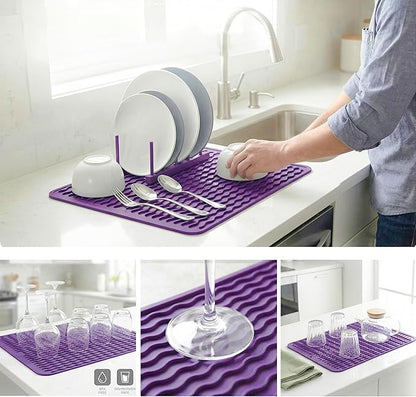 MicoYang Silicone Dish Drying Mat for Multiple Usage,Easy clean,Eco-friendly,Heat-resistant Silicone Mat for Kitchen Counter or Sink,Refrigerator or drawer liner Purple L 16 inches x 12 inches