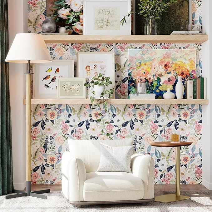 Timeet Floral Wallpaper Peel and Stick Vintage Floral Contact Paper Peel and Stick 17.3" x 120" Flower Wallpaper Boho Leaf Removable Self Adhesive Wall Paper for Cabinets Bedroom Wall Decorative