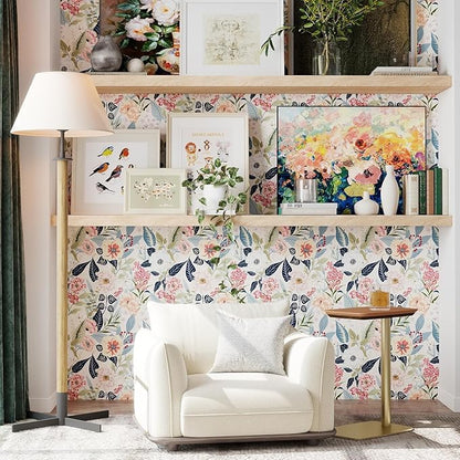 Timeet Floral Wallpaper Peel and Stick Vintage Floral Contact Paper Peel and Stick 17.3" x 120" Flower Wallpaper Boho Leaf Removable Self Adhesive Wall Paper for Cabinets Bedroom Wall Decorative