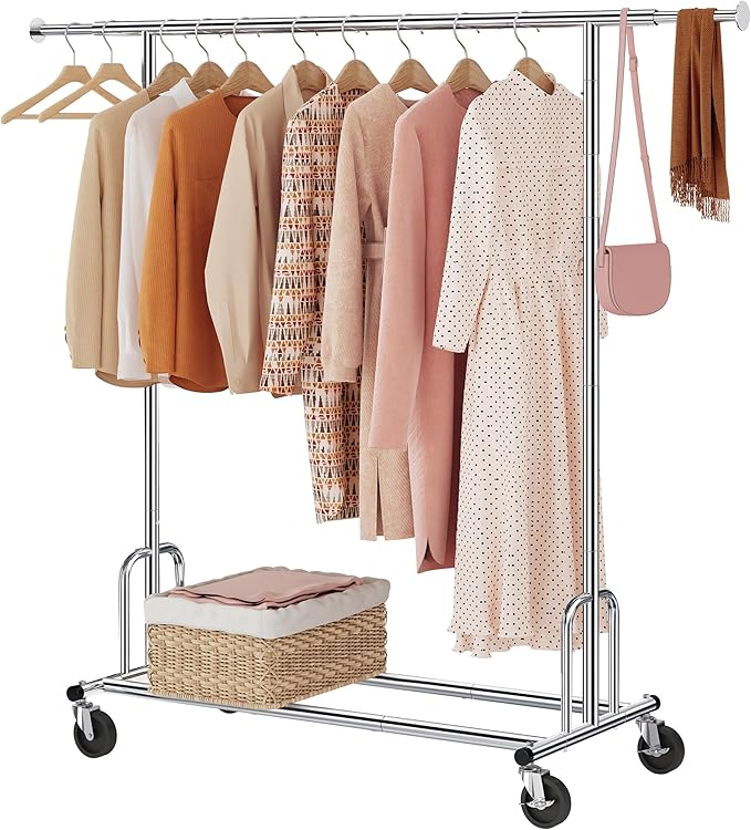 Tajsoon Heavy Duty Clothes Rack Foldable Garment Rack with Wheels and Extendable Rod, Freestanding Clothing Rack for Hanging Clothes, Adjustable ＆ Collapsible Rolling Racks with Bottom Shelf, Chrome