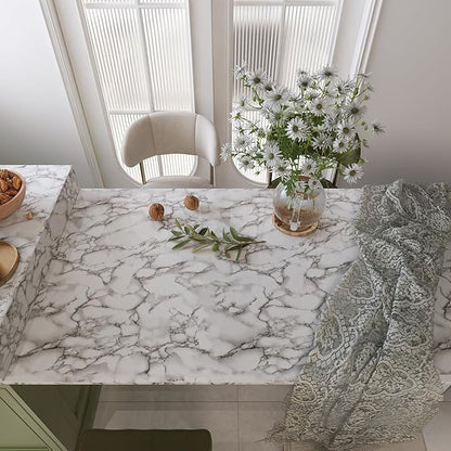 JSEVEM 16"×118" Grey White Marble Wallpaper Peel and Stick Waterproof Gray Marble Contact Paper Vinyl Wrap Glossy Textured Self Adhesive Granite DIY Tile Sticker for Kitchen Cabinets Table Countertops