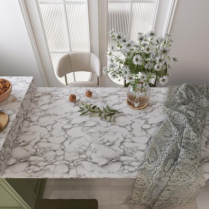 JSEVEM 31"×157" Extra Wide Thick White Grey Marble Wallpaper Peel and Stick Glossy Textured Cream Gray Granite Contact Paper Vinyl DIY Waterproof Wall Tile Sticker for Kitchen Bedroom Bathroom Walls