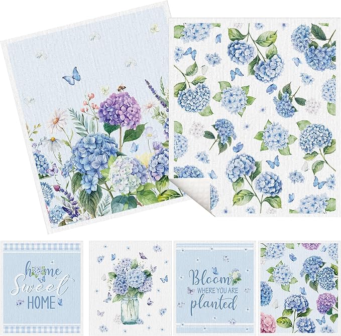 Swedish Dishcloths for Kitchen, 6 Pack Spring Summer Hydrangea Floral Kitchen Towels, Non-Scratch Swedish Dish Cloths Reusable Paper Towels Super Absorbent Cellulose Sponge Cloths