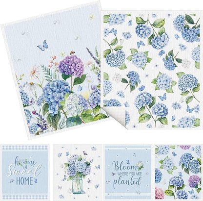 Swedish Dishcloths for Kitchen, 6 Pack Spring Summer Hydrangea Floral Kitchen Towels, Non-Scratch Swedish Dish Cloths Reusable Paper Towels Super Absorbent Cellulose Sponge Cloths