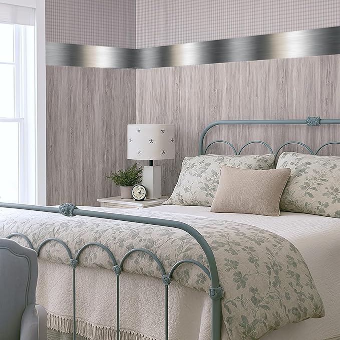 Metallic Stripe Wallpaper Border 196x4 Inch Peel and Stick Wall Border Silver Grey Brushed Metal Pattern Removable Vinyl Wall Trim for Kitchen Bathroom Living Room Office Decor