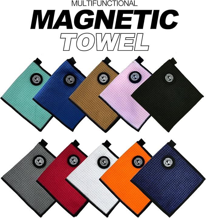 Small Magnetic Golf Towel with Clip, Microfiber Waffle Design - Industrial Strength Magnet for Glof Balls, Golf Bags, Carts Clubs - Brown