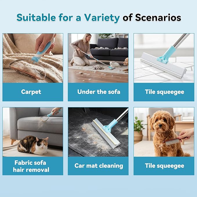 Carpet Rake for Pet Hair Removal Tool, Reusable Pet Hair Rake with 63” Adjustable Long Handle, Cat Dog Hair Remover Carpet Broom and Scraper, for Carpets, Rugs, Mats, Couch, Furniture, Car