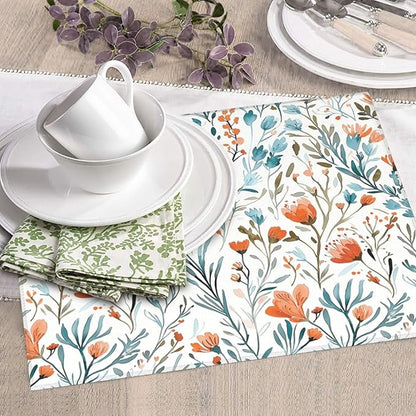 Teal and Orange Floral Dish Drying Mat for Kitchen Counter, Absorbent Microfiber Drying Pad for Dishes, Washable Foldable Burnt Orange Teal Kitchen Mat for Countertop Sink, Boho Home Decor, 16" x 18"