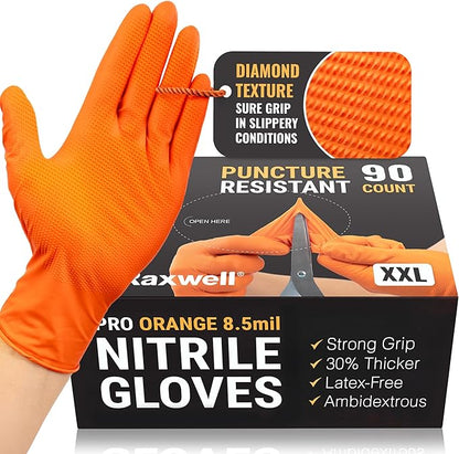 Raxwell Orange Nitrile Gloves 8.5 Mil - Powder-Free Puncture-Resistant Protection - Diamond-Texture Work Gloves with Grip