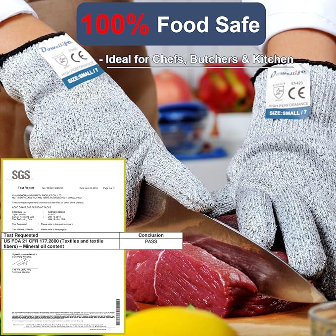 Dowellife Cut Resistant Gloves Food Grade Level 5 Protection, Safety Kitchen Cuts Gloves for Oyster Shucking, Fish Fillet Processing, Mandolin Slicing, Meat Cutting and Wood Carving. (Large-3 Pairs)