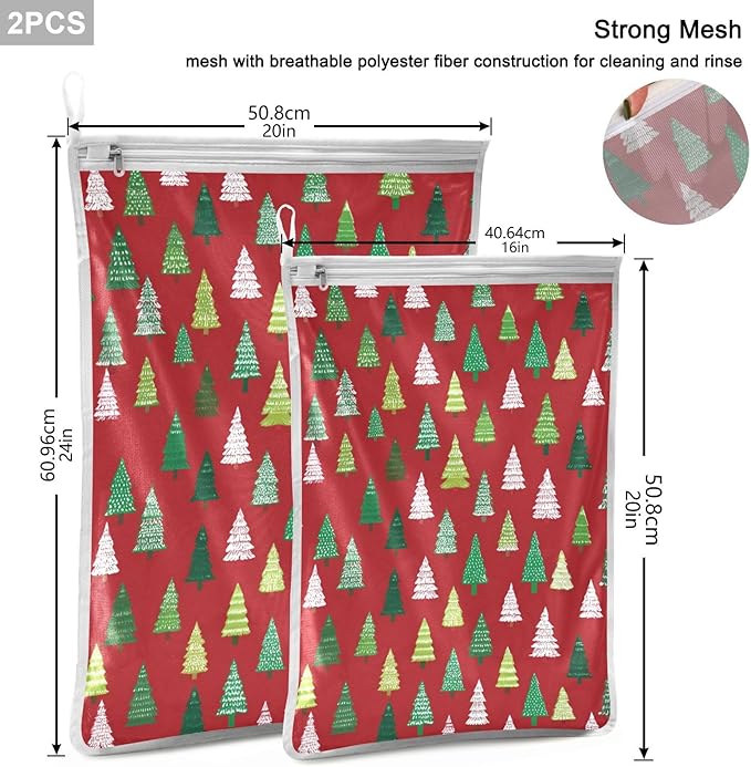 Mesh Laundry Bags Lingerie Bags for Washing Delicates 2 PCS Durable Wash Bag with Zipper Small and Medium Washable Christmas Trees White Green