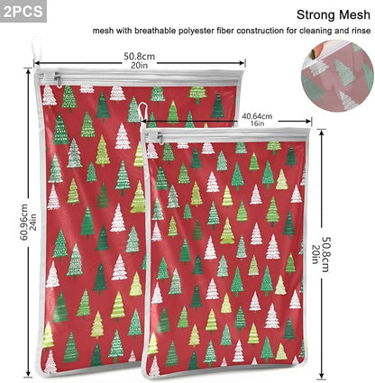 Mesh Laundry Bags Lingerie Bags for Washing Delicates 2 PCS Durable Wash Bag with Zipper Small and Medium Washable Christmas Trees White Green