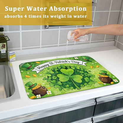 Happy St. Patrick's Day Dish Drying Mat 18 x 24 Inch With Absorbent Reversible Microfiber Spring Lucky Clover Shamrock Hat Drying Green Dish Drainer Mat Fast Dry For Kitchen Dining Room Decor