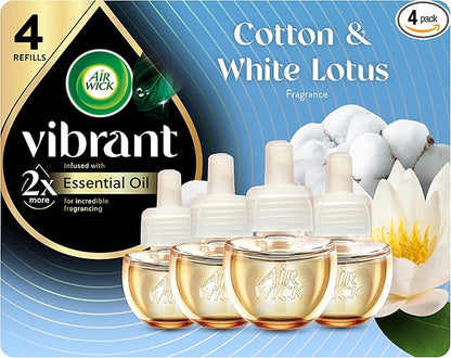 Air Wick Vibrant Plug In Scented Oil Refill, Infused with Essential Oils, Plug In Air Fresheners for Home, Cotton & White Lotus, 4 ct