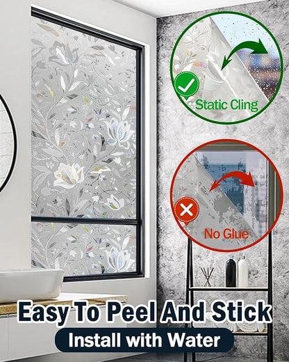 Frosted Tulip Patterned Window Privacy Film with Installation Tools, Stained Glass Decorative Film, Removable, Peep-Proof, Static Cling (35.4 x 78.7 Inch)