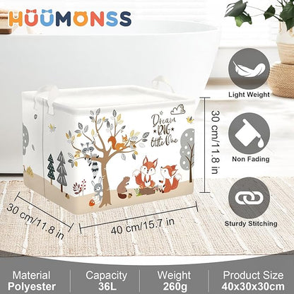 Forest Animals Laundry Hamper Woodland Tree Large Storage Basket Parents Organizer Kids Clothes Toy Bins for Bedroom, Bathroom, Fox, 36L