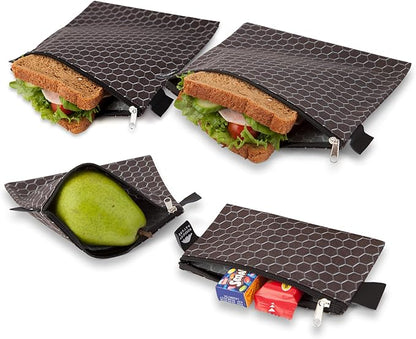 Nordic By Nature 4 Pack - Reusable Sandwich Bags Dishwasher Safe BPA Free - Durable Washable Quick Dry Cloth Baggies -Reusable Snack Bags School Lunches - Easy Open Zipper - (Black Metal)