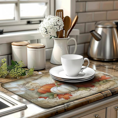 Autumn Kitchen Drying Mat 18x24 Inch Fall Pumpkin Maple Leaves Dish Drying Mats for Kitchen Counter Thanksgiving Absorbent Microfiber Dish Rack Mat for Coffee Bar Sink