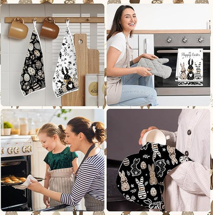 Happy Easter Kitchen Towels, Bunny Eggs Dish Towels Gifts for Cooking Cleaning Set of 4, Farmhouse Spring Rabbits Hand Towels for Bathroom Home Decor