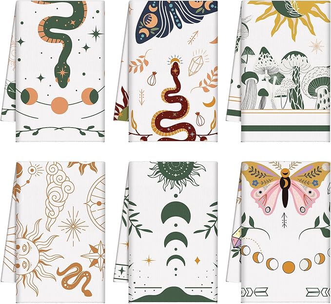 Zubebe 6 Pack Boho Kitchen Towels 18 x 28'' Mushroom Witchy Kitchen Towels Moon Celestial Absorbent Dishcloth Decor Gifts for Farmhouse Home Decorations