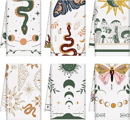Zubebe 6 Pack Boho Kitchen Towels 18 x 28'' Mushroom Witchy Kitchen Towels Moon Celestial Absorbent Dishcloth Decor Gifts for Farmhouse Home Decorations