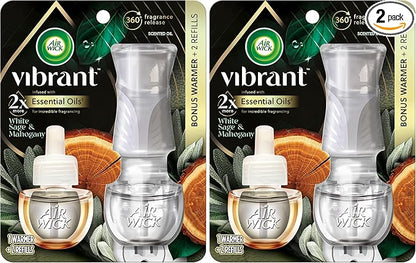 Air Wick Plug in Scented Oil Starter Kit (Gadget + 2 Refills), White Sage & Mahogany, Air Freshener, Essential Oils (Pack of 2)