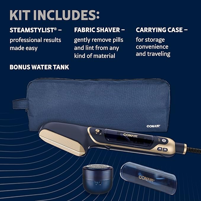 Conair SteamStylist 3-in-1 Steam Press and Iron Steamer for Clothes, Clothes Steamers for Clothes, Travel Steamer, Includes Fabric Shaver, Extra Water Tank and Storage Bag, Midnight Blue