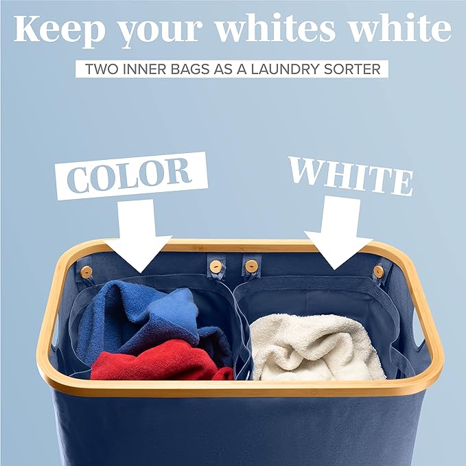 LONBET Laundry Basket with Lid, Made from Breathable Fabric | Aesthetic Clothes Hampers for Laundry with Side Handles & Sturdy Bamboo Frame (40 Gallons - Double, Blue)