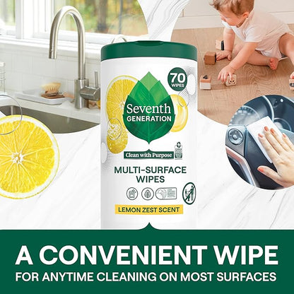 Seventh Generation Multi-Surface Cleaning Wipes, Lemon Zest Scent, Cuts Grease & Grime, 70 Wipes