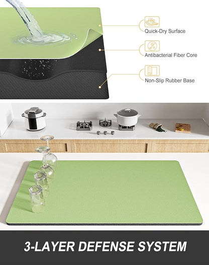 Rnivvi Dish Drying Mat for Kitchen Counter, XL 15 x 24" Super Absorbent Drainer Pad Easy Clean Dish Rack Pad, Non-Slip Heat Resistant Coffee Bar Mat for Coffee Machine Station Accessories Decor, Green