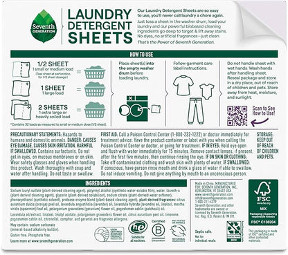 Seventh Generation Laundry Detergent Sheets, Up to 64 Loads, Fresh Lavender Scent, Removes Tough Stains, 0% Dyes and Artificial Fragrances, Safer for your family