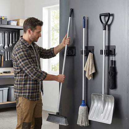 4pcs Magnetic Broom Holder Wall Mount, 12.13lbs Heavy Duty Mop and Broom Organizer, No Drill Tool Gripper for Garage Home Office Tool Organizer, RV & Living Room Essential (Black)