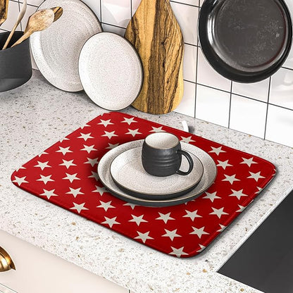 Patriotic July of 4th Red Star Dish Drying Mat for Kitchen Counter 16x18 Memorial Independence Day Absorbent Reversible Microfiber Drying Mats Kitchen Countertop Protector Dishes Drainer Rack Pad