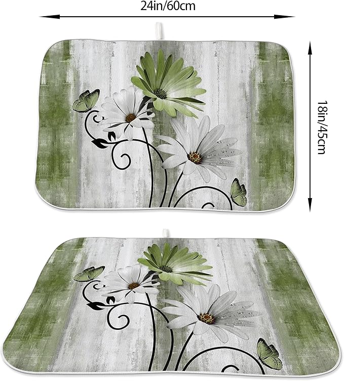Floral Dish Drying Mat 18x24 Inches For Kitchen Counter Sage Green Daisy Flower Kitchen Decoration Drying Mat Modern Decorative Drying Pad For Home Kitchen Decor,Dining Room,Office Decor