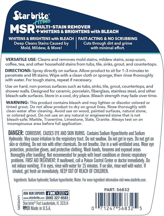 STAR BRITE Home MSR Multi-Stain Remover with Bleach - Fast-Acting Cleaner for Kitchen & Bath - Whitens, Brightens and Removes Stains and Scum on Grout, Tile, Sinks and Countertops