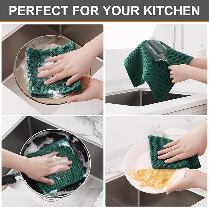 Kitinjoy 100% Cotton Kitchen Dish Cloths (12 X 12 Inches, Dark Green), 8 Pack Waffle Weave Ultra Soft Absorbent Dish Towels for Drying Dishes Quick Drying Kitchen Towels Dish Rags