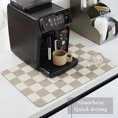 Ohocut Checkered Dish Drying Mat for Kitchen Counter, Coffee Bar Station Accessories, Retro Cute Aesthetic Modern Absorbent Drainer Mat Kitchen Drying Mat Easy Clean, Khaki 12" x 19"