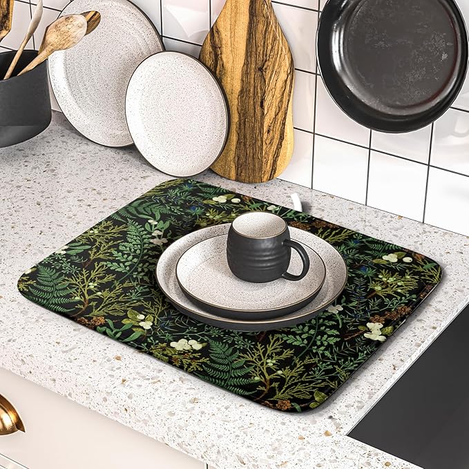 Black Sage Green Plant Dish Drying Pad 16 x 18 Inch with Absorbent Reversible Microfiber Vintage Botanical Fern Leaves Floral Drying Mats For Kitchen Counter Dining Room Decoration