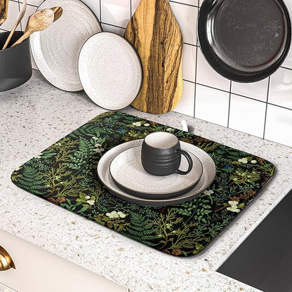 Black Sage Green Plant Dish Drying Pad 16 x 18 Inch with Absorbent Reversible Microfiber Vintage Botanical Fern Leaves Floral Drying Mats For Kitchen Counter Dining Room Decoration