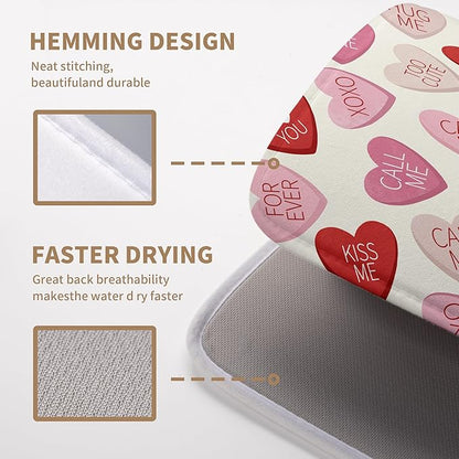 Valentine Love Heart Dish Drying Mat for Kitchen Counter 18x24 Inch Valentines Day Dish Mats Absorbent Microfiber Dish Draining Mat Reversible Dish Drying Rack Mat with Hanging Loop