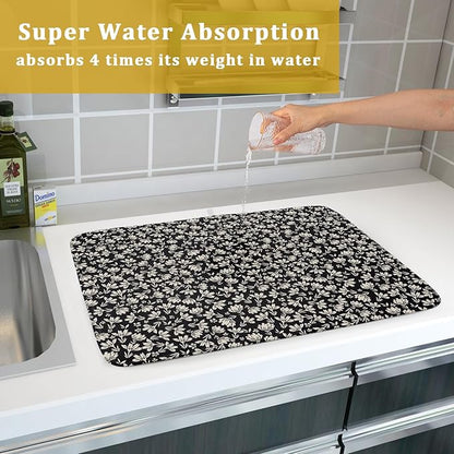 Floral Dish Drying Mat for Kitchen Counter 24x18 Inch Black Flower Drying Mat with Absorbent Reversible Microfiber Holiday Season Spring Dish Drainer Mats Rack Pad for Coffee Countertop Protector