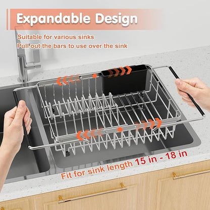 Expandable Over The Sink Dish Drainer Drying Rack In Stainless Steel Metal For Small Kitchen, Counter Space Saving Compact Above Plate Dryer Strainer, Adjustable Hanging Inside Sink Wire Drain Holder