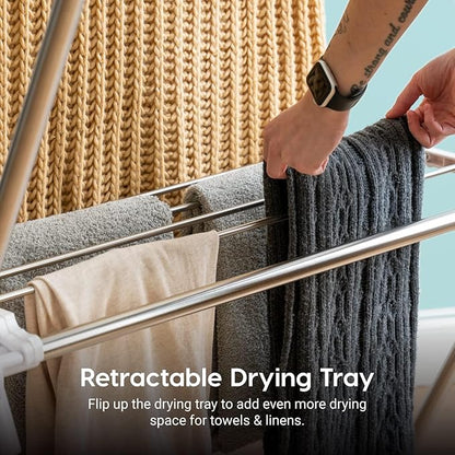 IRIS USA Foldable Drying Rack with Extendable Rods for Large Laundry Loads, Clothes Drying Rack, Freestanding Foldable Laundry Rack, Anti-Skid Feet, Portable and Storable, Silver