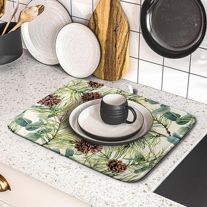 Winter Dish Drying Mat for Kitchen Counter 16x18 Christmas Evergreen Leaves Pinecone Holiday Theme Absorbent Reversible Microfiber Drying Mats Kitchen Countertop Protector Dishes Drainer Pad