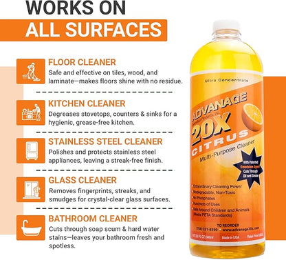 Advanage 20X Household Cleaner Concentrate Refill, 32 oz | Citrus All Purpose Cleaner | Multi Surface Dilute for Floors, Carpets, Glass, Counters, Appliances, and General Home Cleaning, USA Made