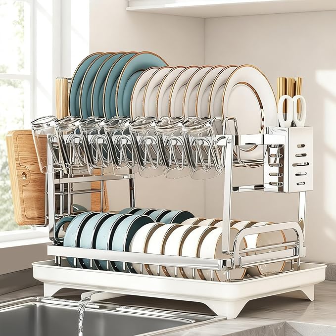 Bowl and Dish Drying Rack, 2-Layer Stainless Steel Kitchen countertop Drain Rack with Drain Plate, Suitable for Plate Cup/Knife/Bowl Dish Sorting Rack, Capable of draining Bowls and Dishes
