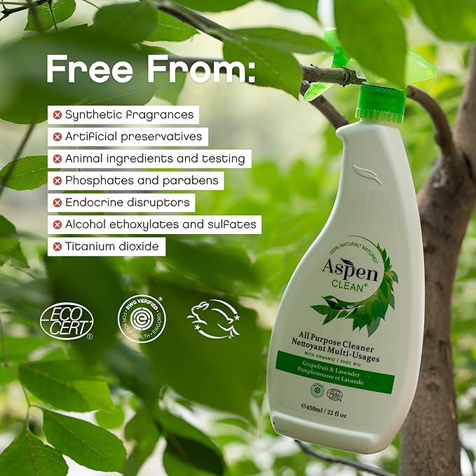 AspenClean | All-Purpose Spray Cleaner | Streak-Free Multi-Surface Cleaner with Essential Oils | Non - Toxic | 100% Natural | EWG Verified | Pack of 2
