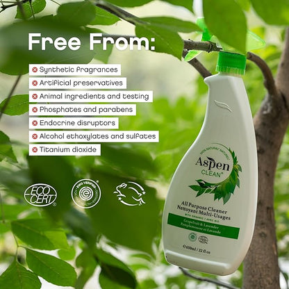 AspenClean | All-Purpose Spray Cleaner | Streak-Free Multi-Surface Cleaner with Essential Oils | Non - Toxic | 100% Natural | EWG Verified | Pack of 2