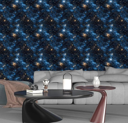 Laatse Blue Starry Peel and Stick Removable Black Sky Contact Paper 17.5in x393.7in, Gold Star Modern Wallpaper Mural Waterproof Self Adhesive for Wall Bedroom Bathroom Kitchen Cabinet Room Decor